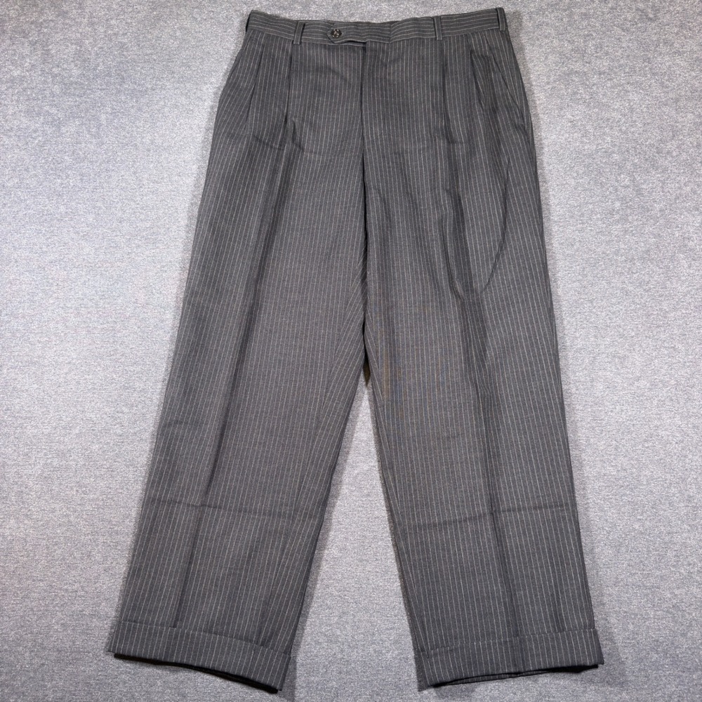 Lands End Dress Pants Mens 32x28 Gray Pinstripe Wool Pleated Traditional Fit